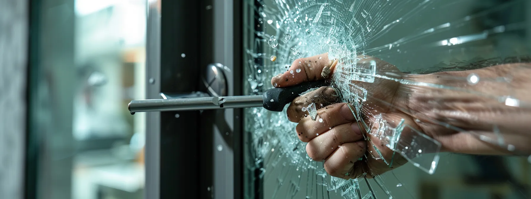 a person attempting to break into an office door with a tool, causing damage to the lock.