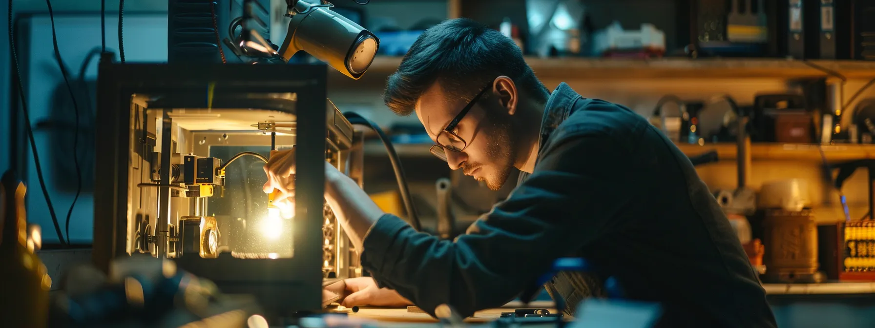 a locksmith technician examining a safe with various tools and equipment.