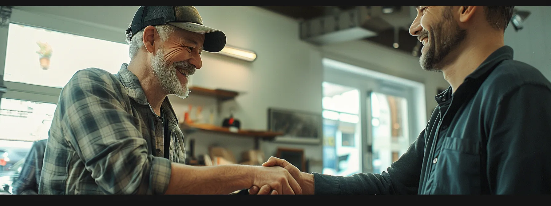 a locksmith shaking hands with a satisfied customer, both smiling warmly.