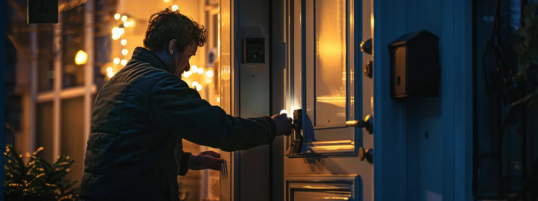 a locksmith replacing a door lock at a residence in the middle of the night.