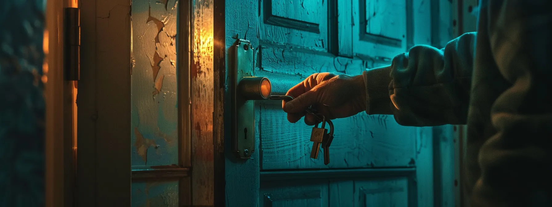 a local locksmith working on repairing a broken lock on a front door.
