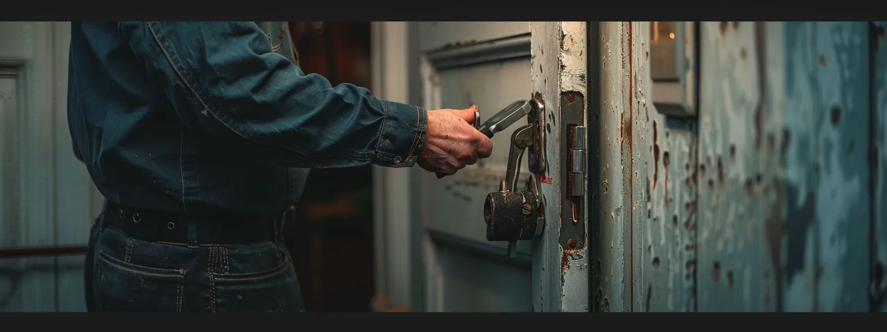 a locksmith arriving quickly at a door with a wide array of tools in hand.