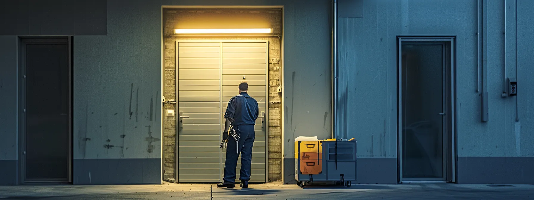 a locksmith with a toolbox and key ring approaching a commercial door with a replacement lock.