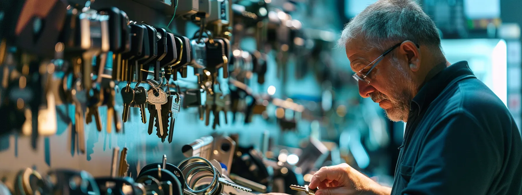 a locksmith evaluating various keys in front of a display of different locks.