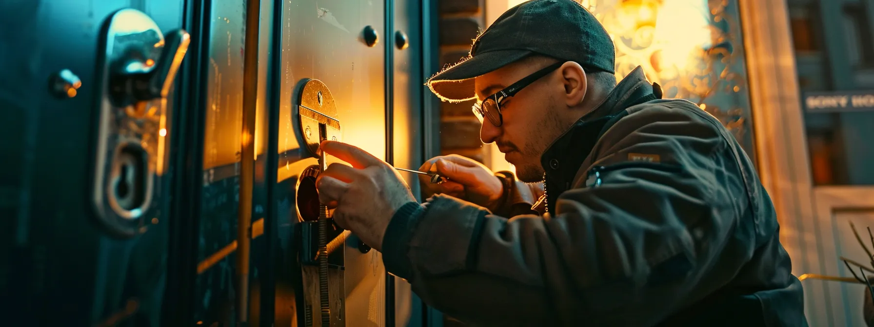 a locksmith quickly and skillfully picking a lock in a door.