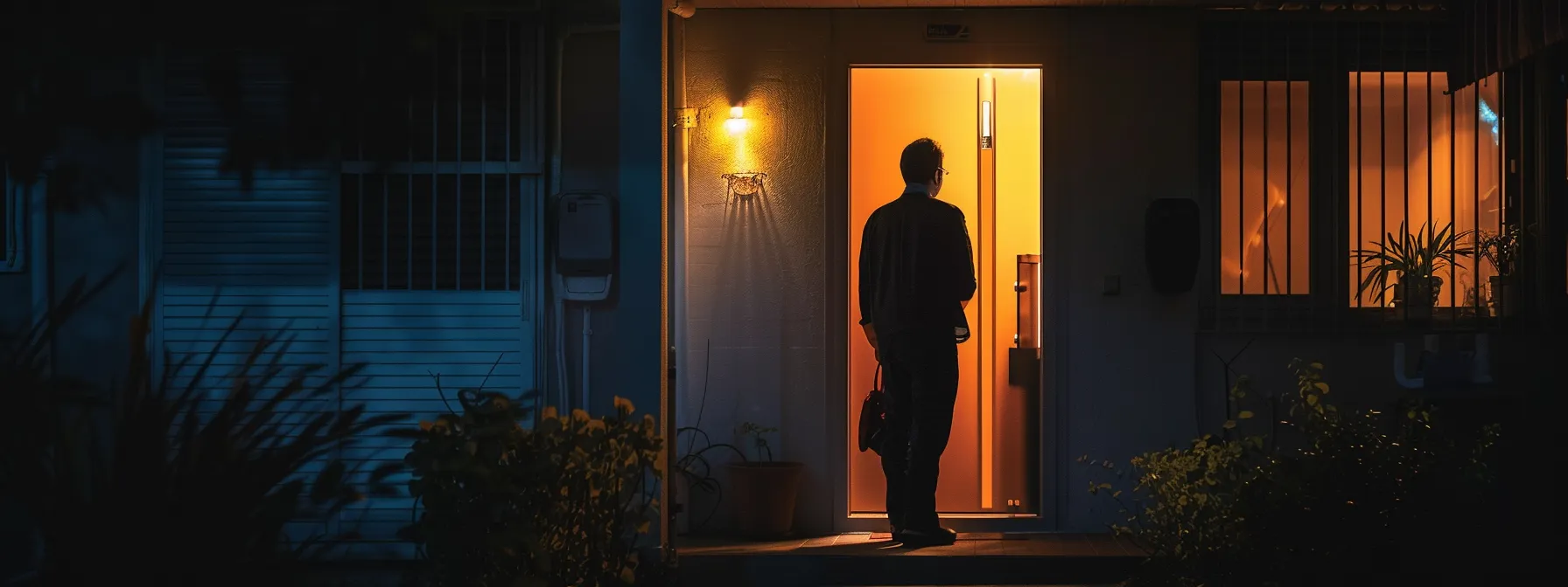 a person standing outside their locked door late at night, with a locksmith arriving to unlock it.