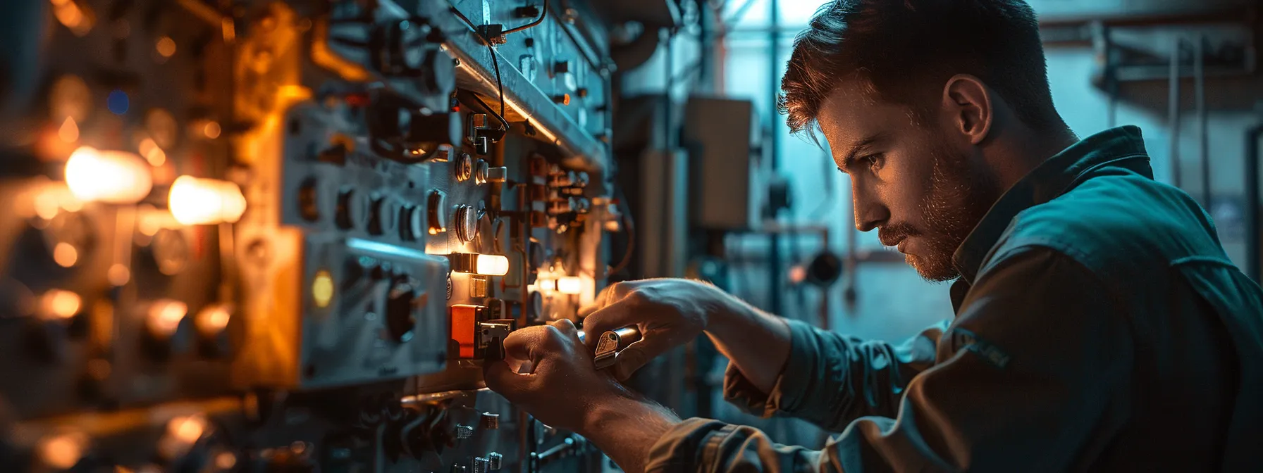 a locksmith examining a high-tech electronic lock system on a commercial property.