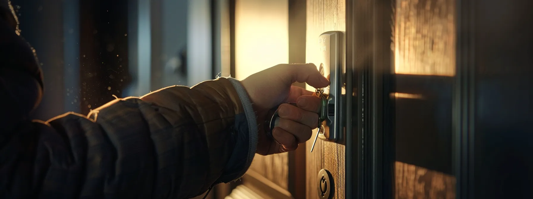 a locksmith installing a high-security lock on a residential door.