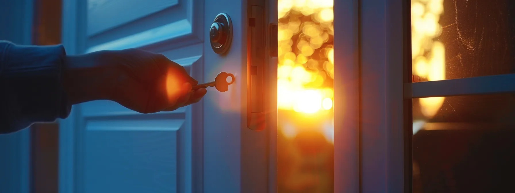 a person using a key to unlock a newly replaced door lock.