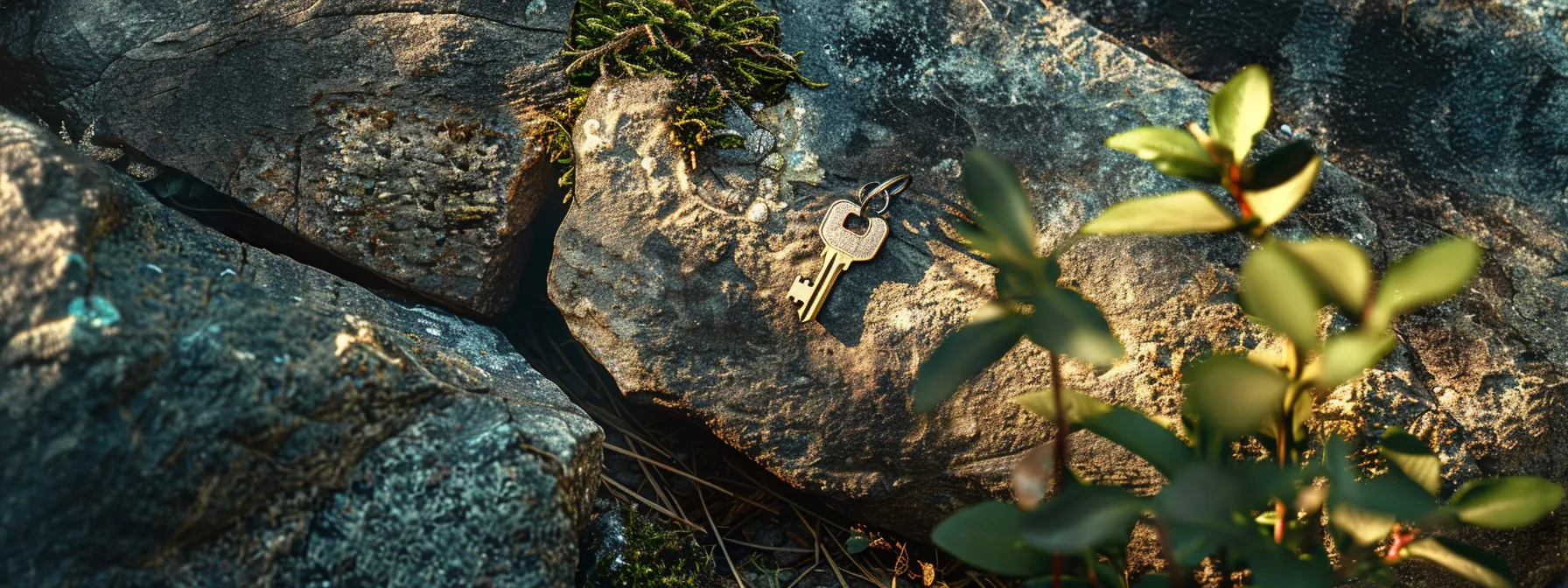 a hidden spare key placed under a garden rock near the front door.