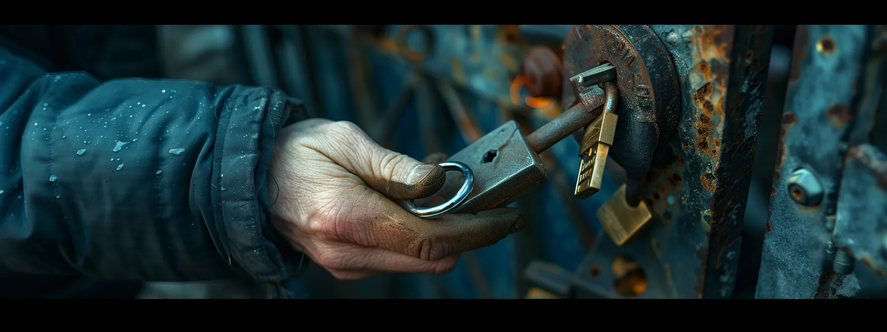 a locksmith quickly repairing a broken padlock on a gate.