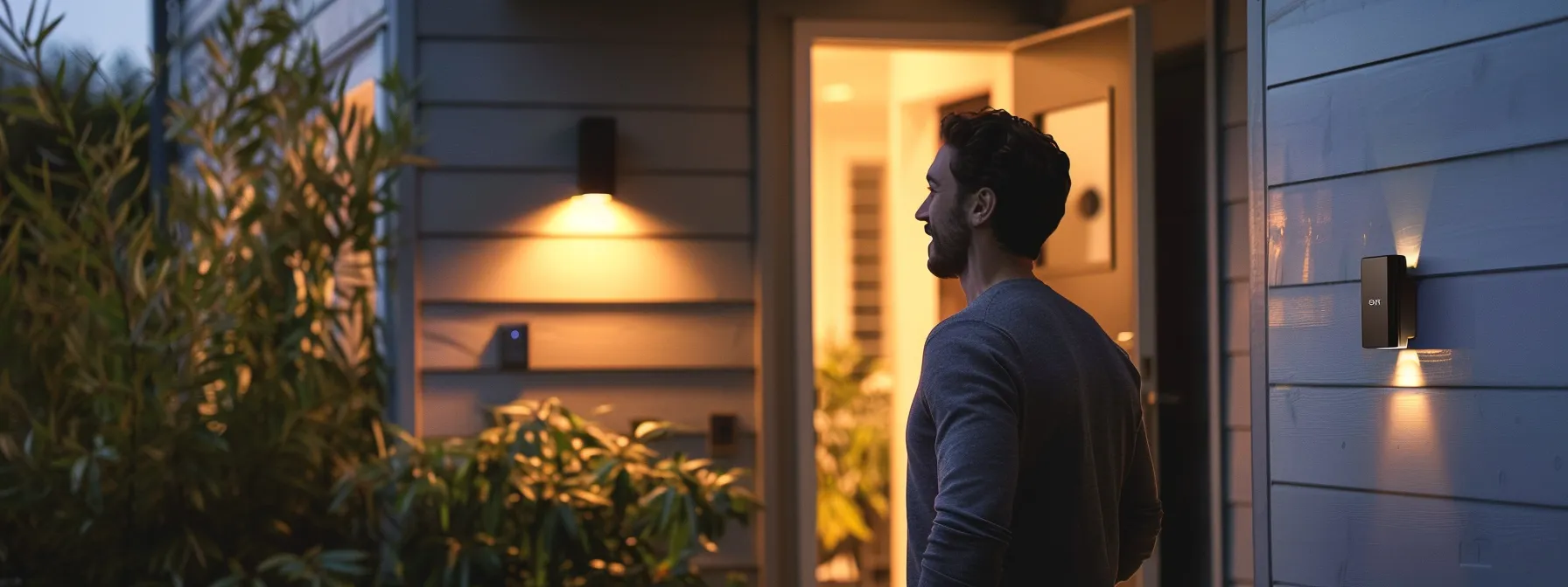 a homeowner entering their property with a sleek, modern keyless entry system.