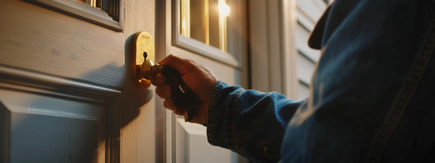 a locksmith carefully installing a new door lock on a standard entry door.