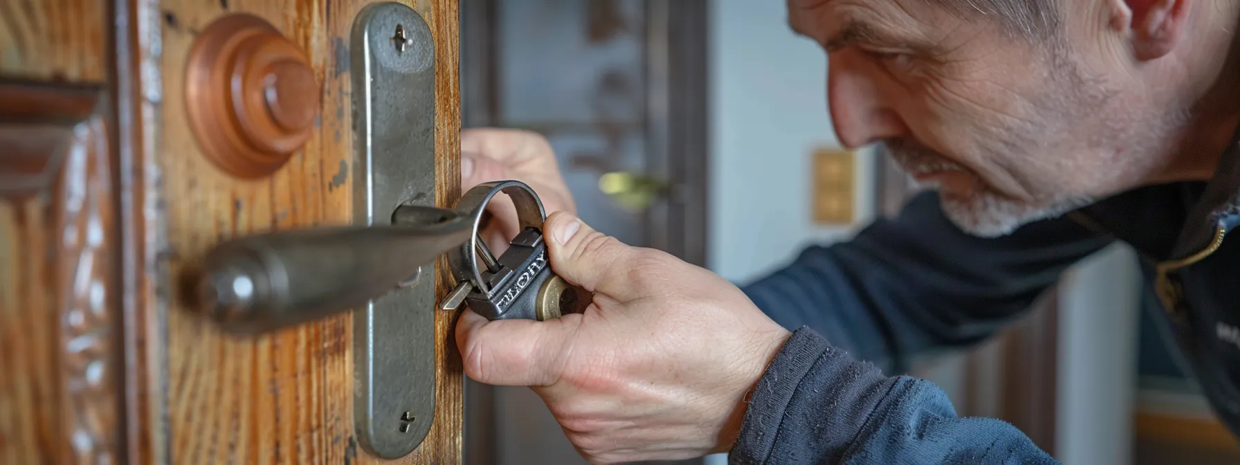 a locksmith carefully installing a new lock on a door, ensuring maximum security for the home.