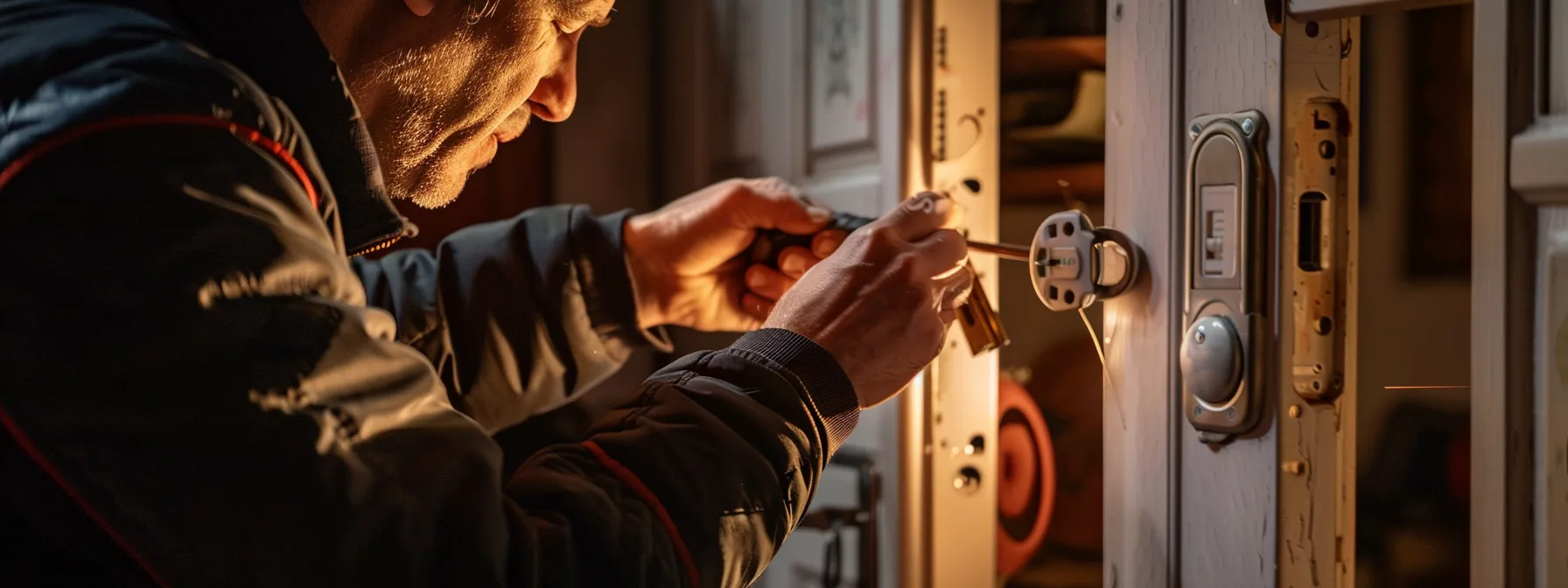 a locksmith installing a new lock on a residential door.