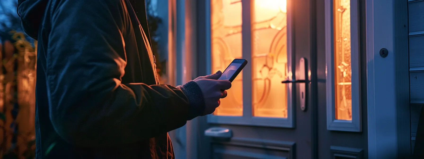 a person unlocking their front door with a smartphone app.