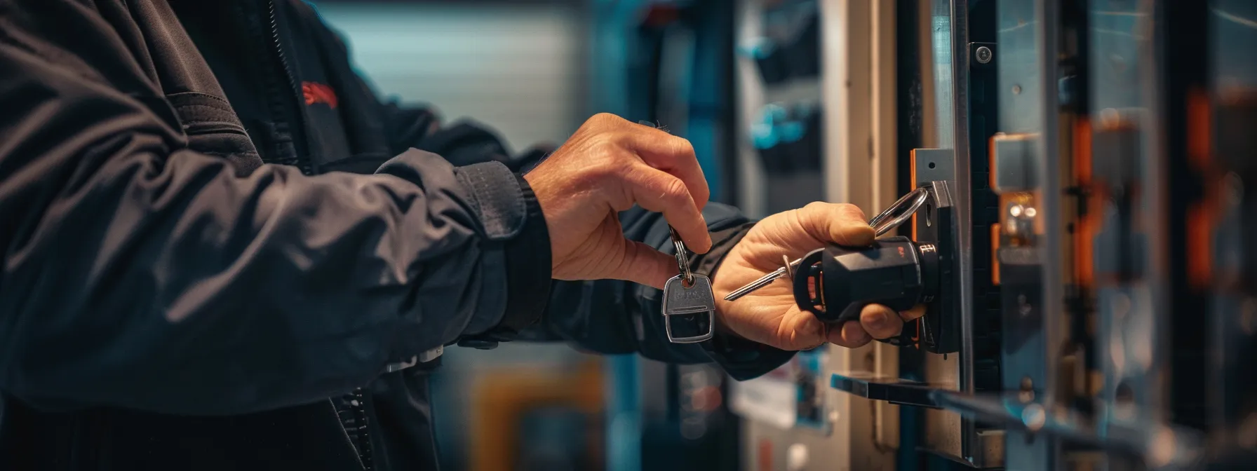 a locksmith carefully installing a custom master key system in a business office.