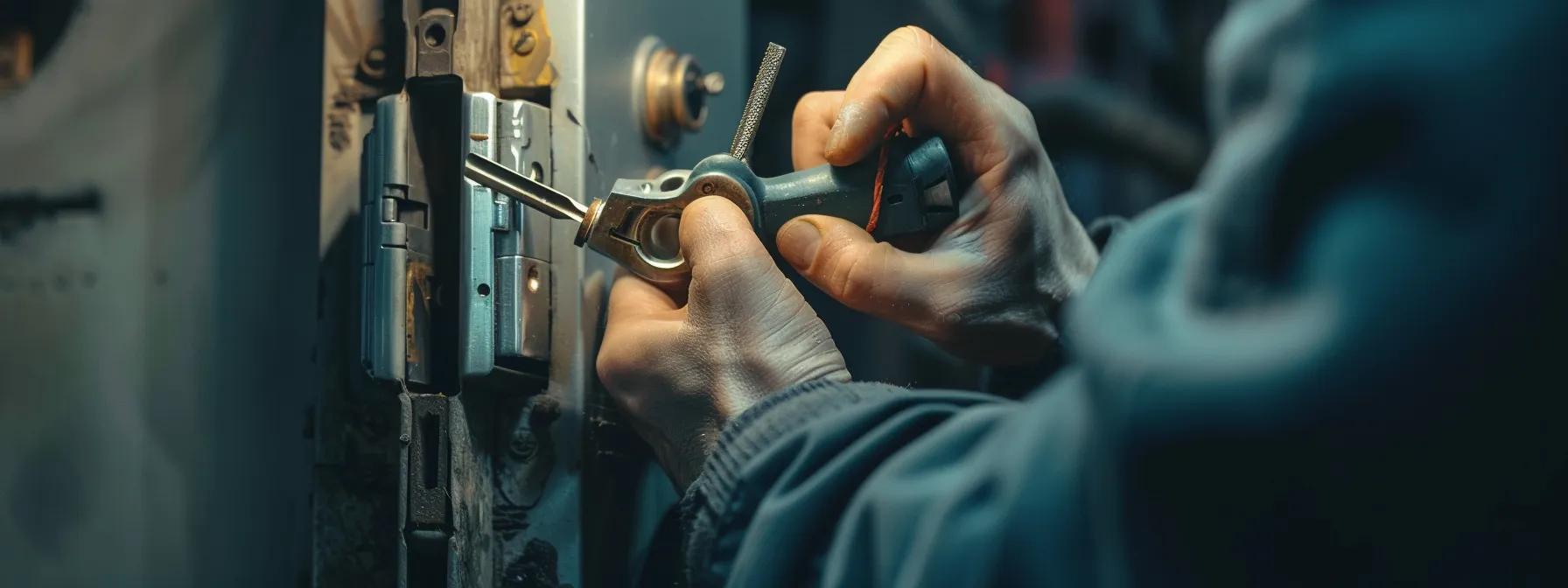a locksmith skillfully uses tools to repair a broken lock in a hurry.
