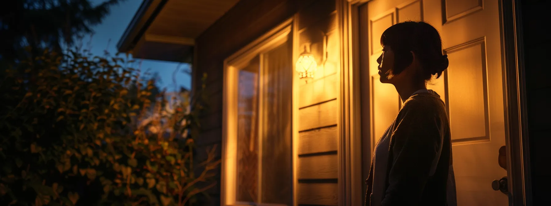 a person standing outside a house at night, looking worried and locked out.