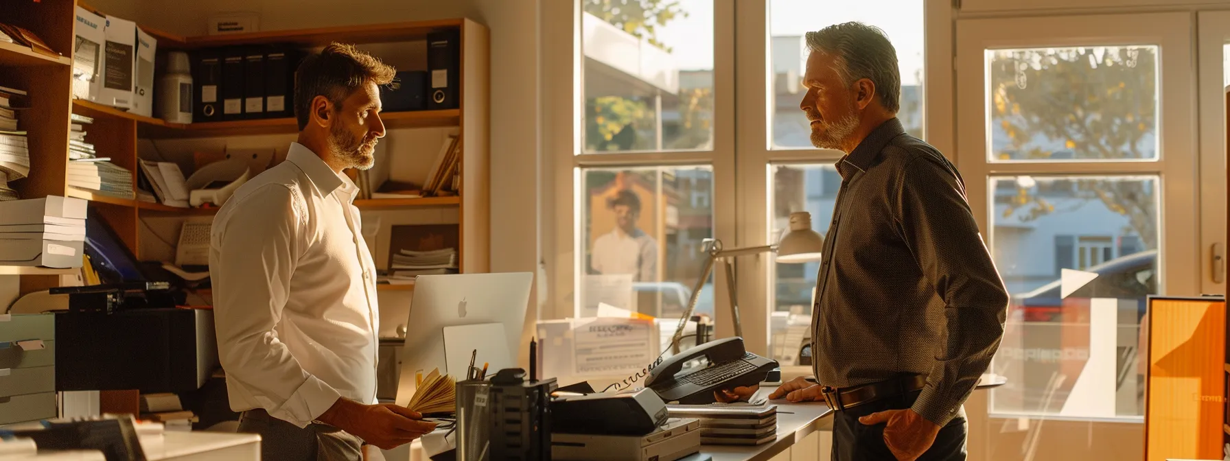 a locksmith and a business owner discussing security measures in an office setting.