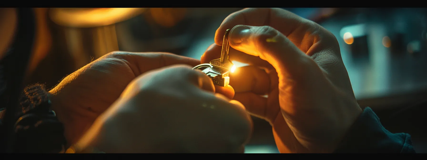 a person carefully examining a broken key in a lock.