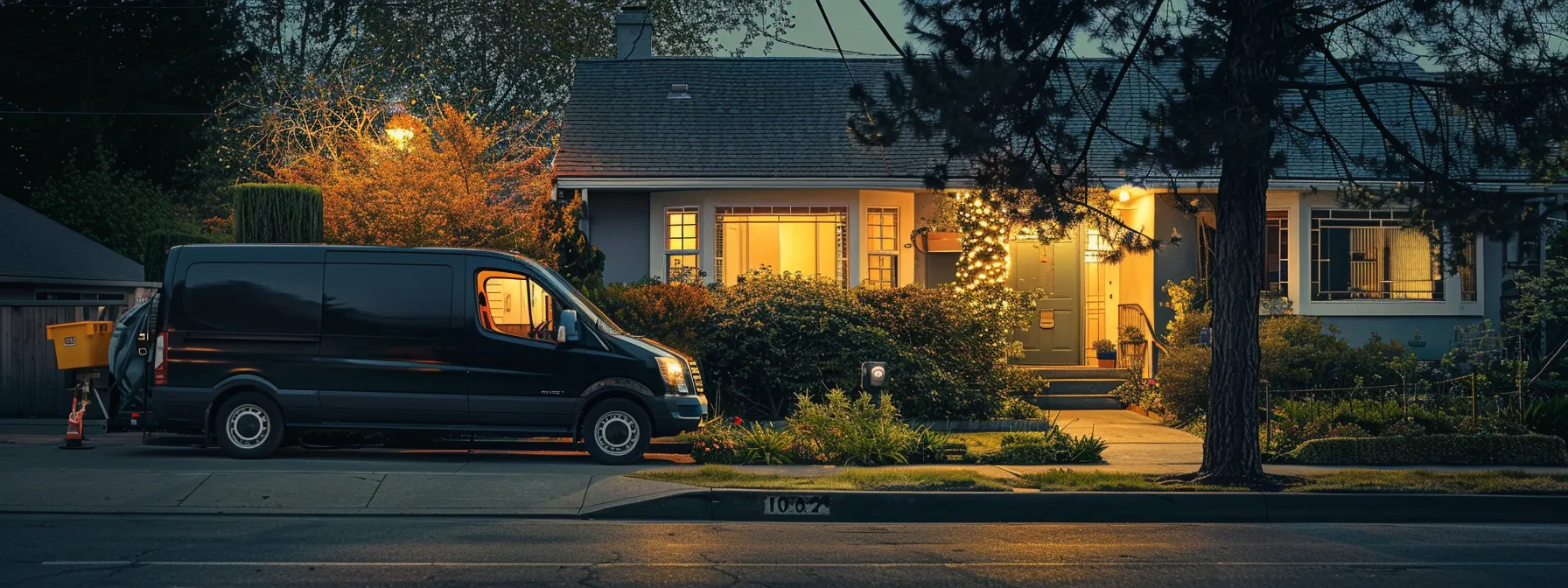 a locksmith van parked outside a house, with a locksmith speaking to a homeowner at the front door.