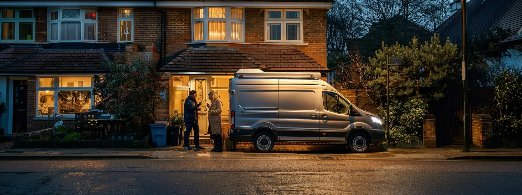 a locksmith van parked outside a house with a person talking to a locksmith on the doorstep.