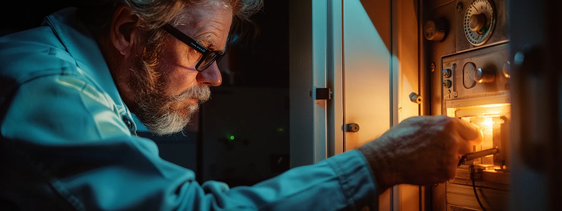 a professional locksmith examining a secure safe.