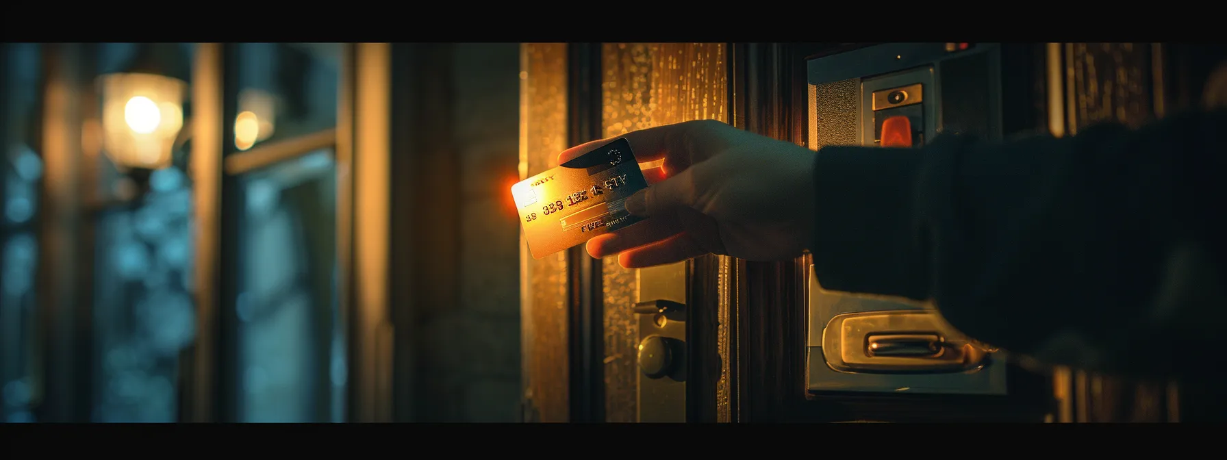 a person uses a credit card to unlock a door during a lockout situation.