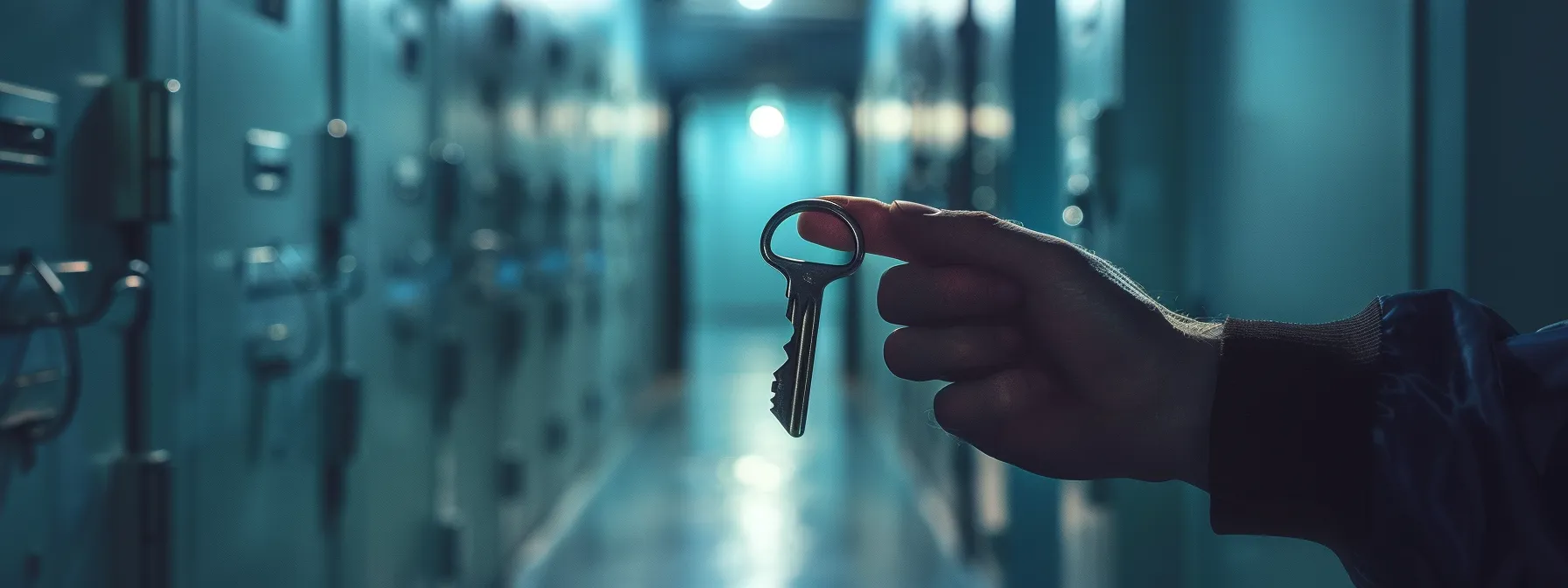 a person holding a master key while standing in front of a row of locked doors.