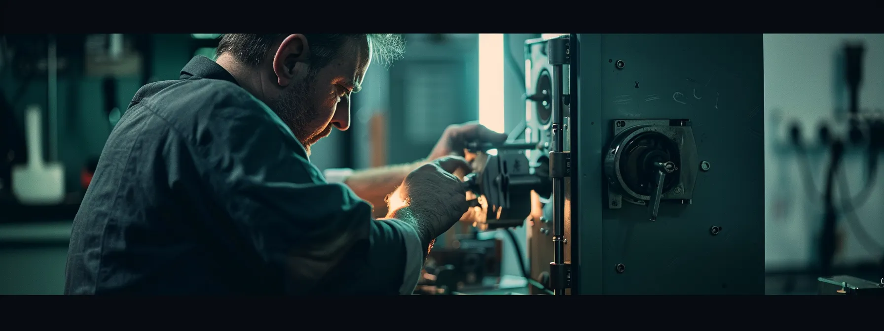 a professional locksmith expert using advanced tools to open a safe during an emergency lockout.