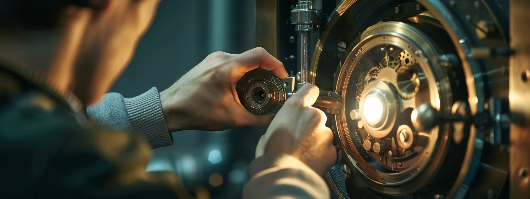 a person carefully manipulating the dial of a mechanical safe, trying to open it during an emergency.