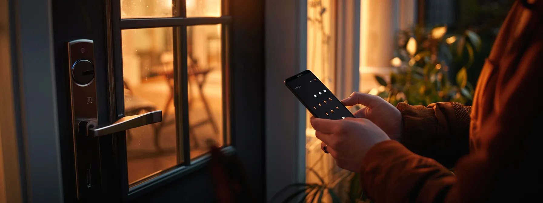 a smart door lock being installed on a front door, with a person setting up temporary access codes on a smartphone.