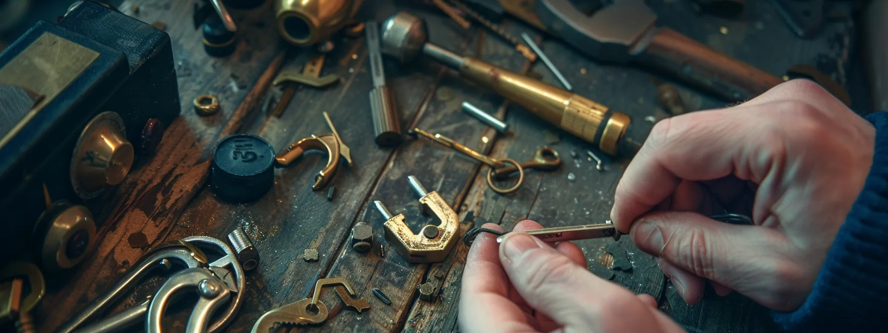 a locksmith examining a broken lock with various tools scattered around.