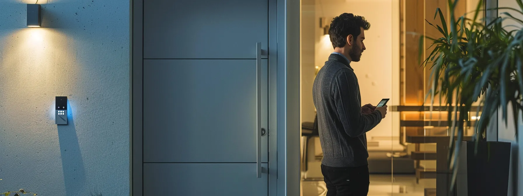 a technician installing a sleek keyless entry system on a door in a modern home.