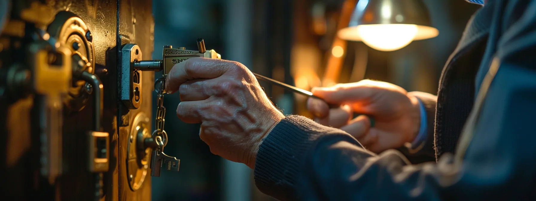a locksmith expert skillfully picking a high-security lock with precision and ease.