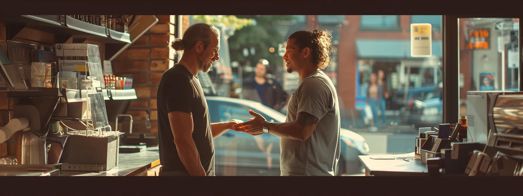 a locksmith discussing security measures with a business owner.