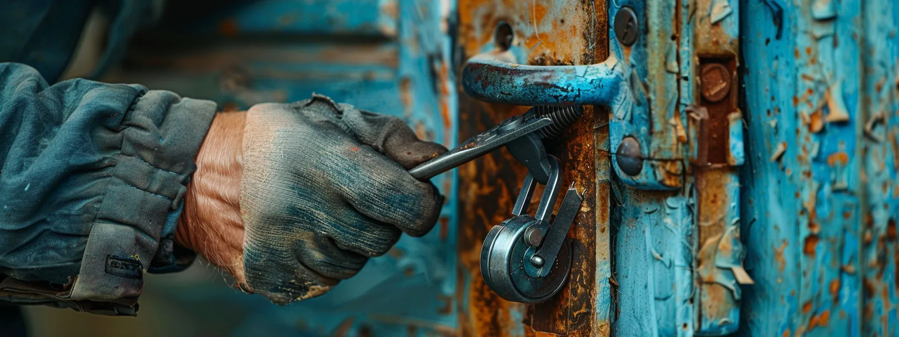 a locksmith swiftly repairing a broken lock on a door with tools in hand.