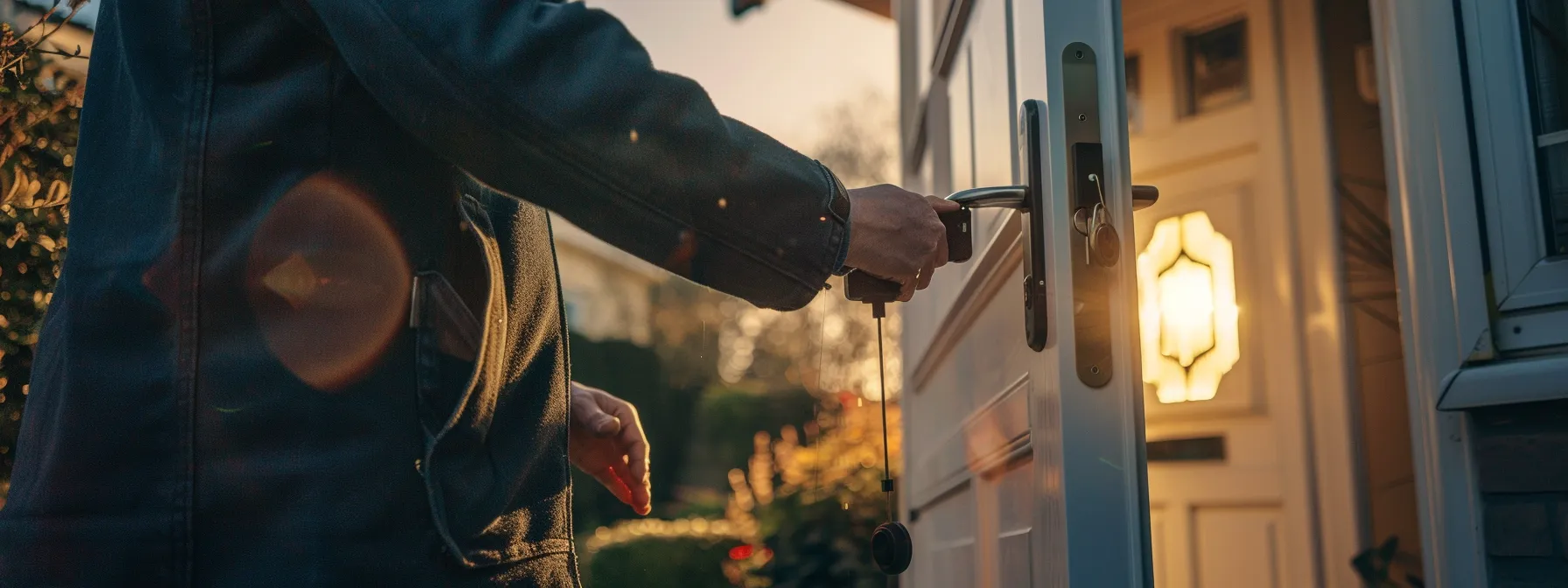 a locksmith unlocking a door for a customer outside a residential property.