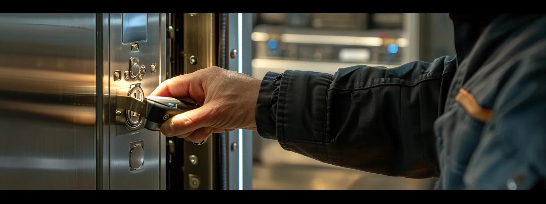 a locksmith checking and servicing a commercial door lock system.