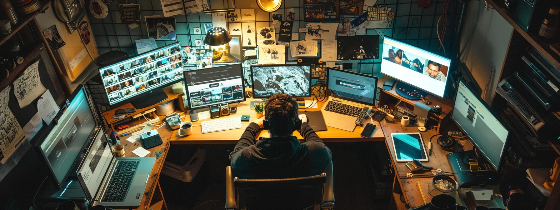 a person sitting at a desk surrounded by multiple open laptops with various locksmith websites displayed on the screens.