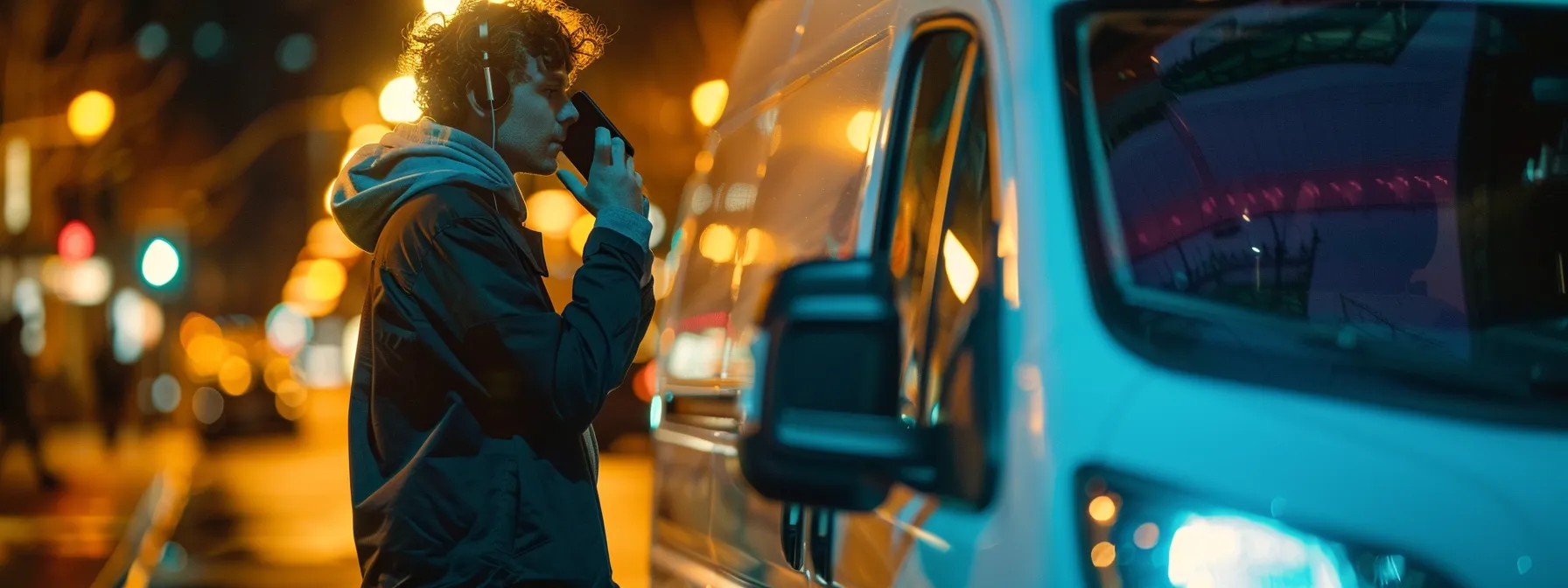 a person talking on the phone while standing next to a locked car, with the locksmith's van in the background.