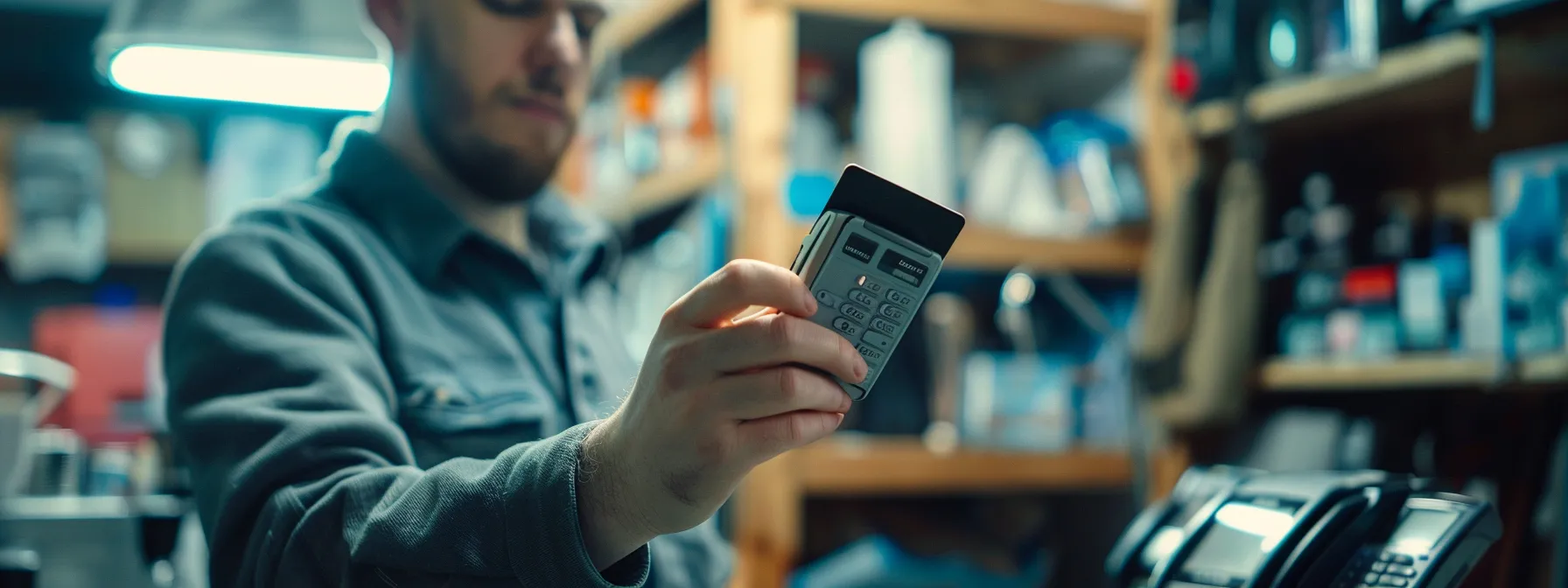 a locksmith holding up a payment card machine to a customer's phone for payment.