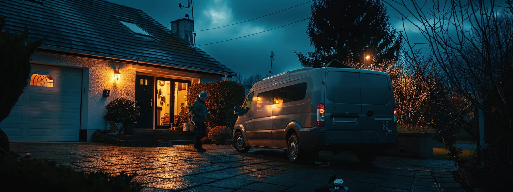 a locksmith responding to a late-night emergency call with a well-equipped van outside a darkened house.