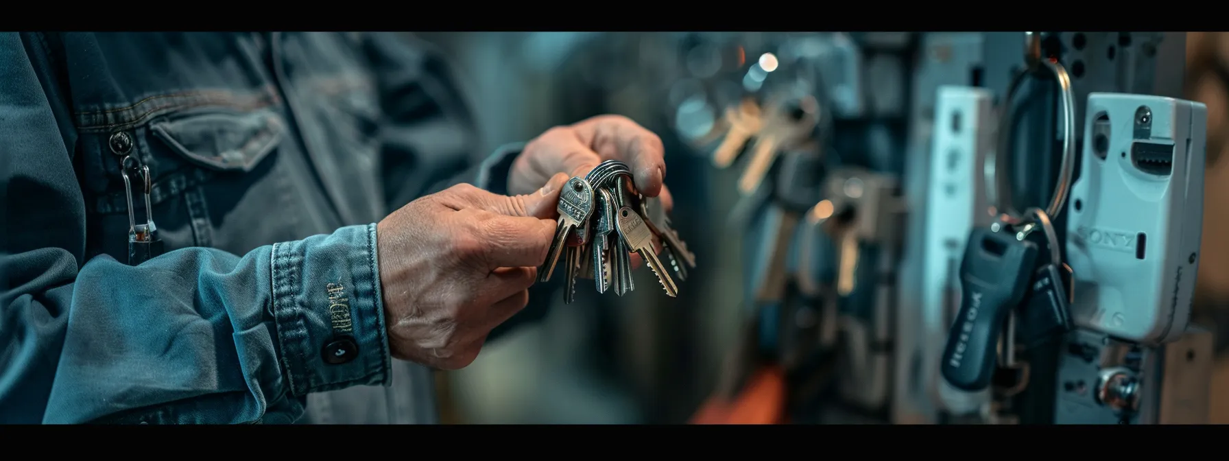 a locksmith holding a set of keys next to a door with multiple locks, contemplating between rekeying or installing new locks.