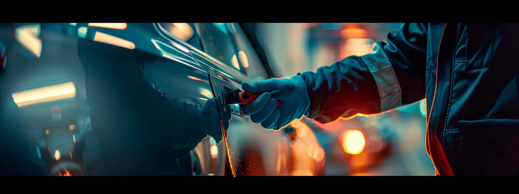 a locksmith technician quickly unlocking a car door with specialized tools.