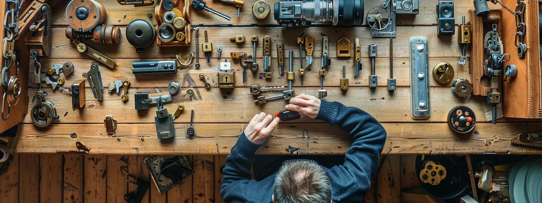 a locksmith carefully choosing and installing different locks on various doors and windows throughout a house.