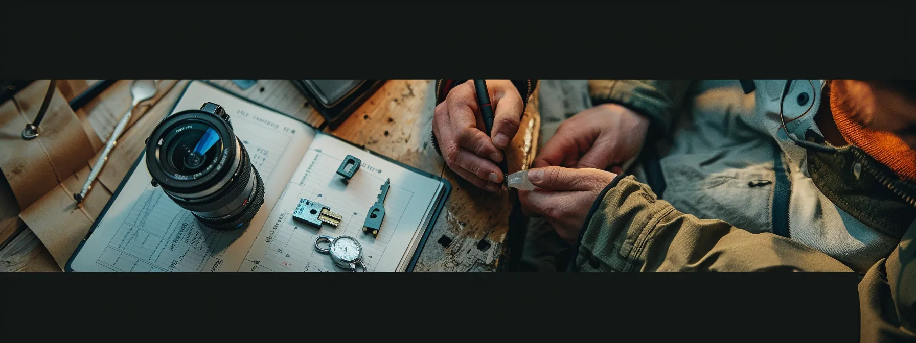 a person comparing different types of locks while holding a pen and paper.