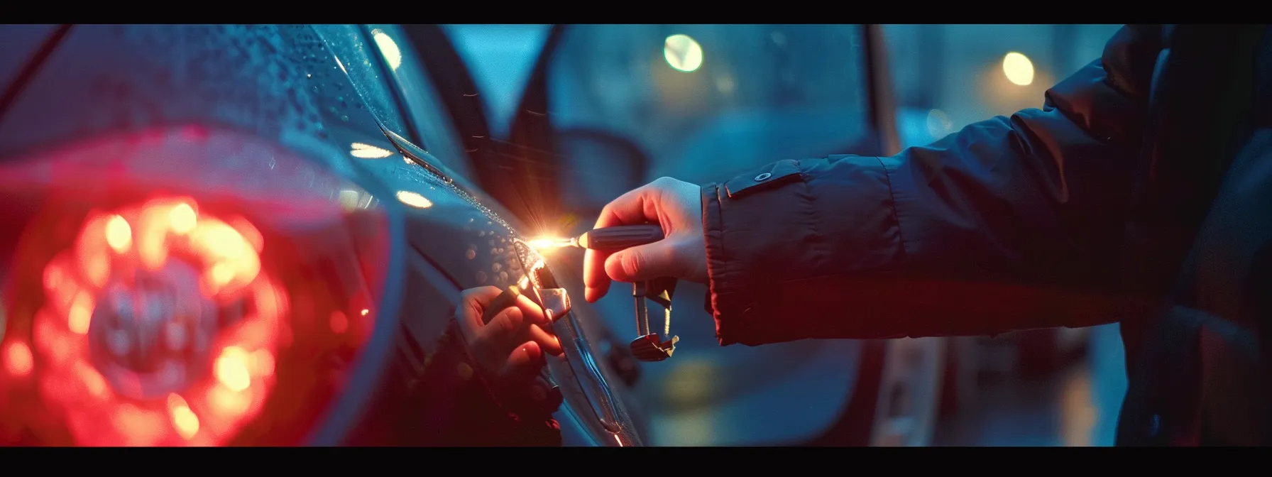 a locksmith examining a car door lock with a set of specialized tools.