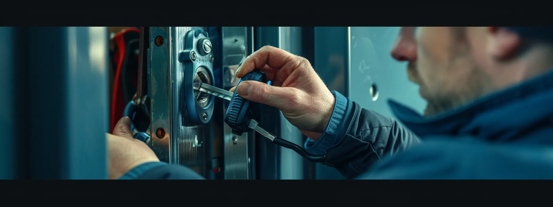 a locksmith installing a high-security lock on a business door.